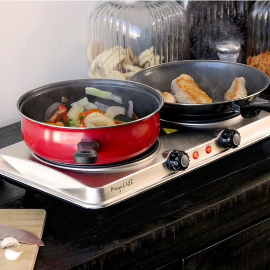 megachef-electric-easily-portable-heavy-duty-lightweight-dual-size-infrared-burner-cooktop-buffet-range---sleek-steel
