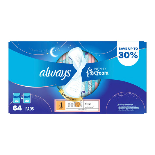 always-infinity-feminine-pads-for-women-flexfoam-pads-with-wings-size-4-unscented-64-ct