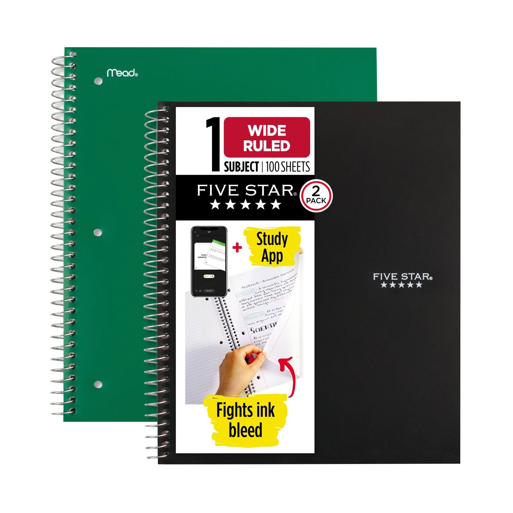 five-star-wirebound-notebook-plus-study-app-wide-ruled-2-pk-blackgreen