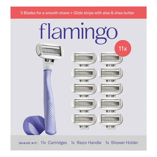 flamingo-womens-razor-shaving-kit-1-handle-11-razor-blade-refills-1-shower-holder---lilac